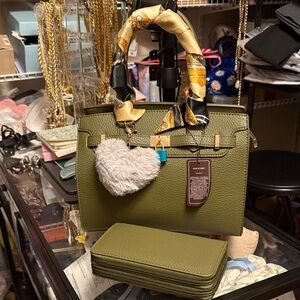 Olive Green Women's Handbag with Scarf Accent